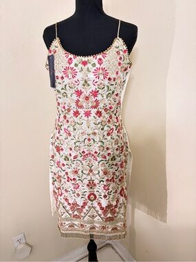 White Mini Dress with Pink Floral Embroidery and Gold Trim